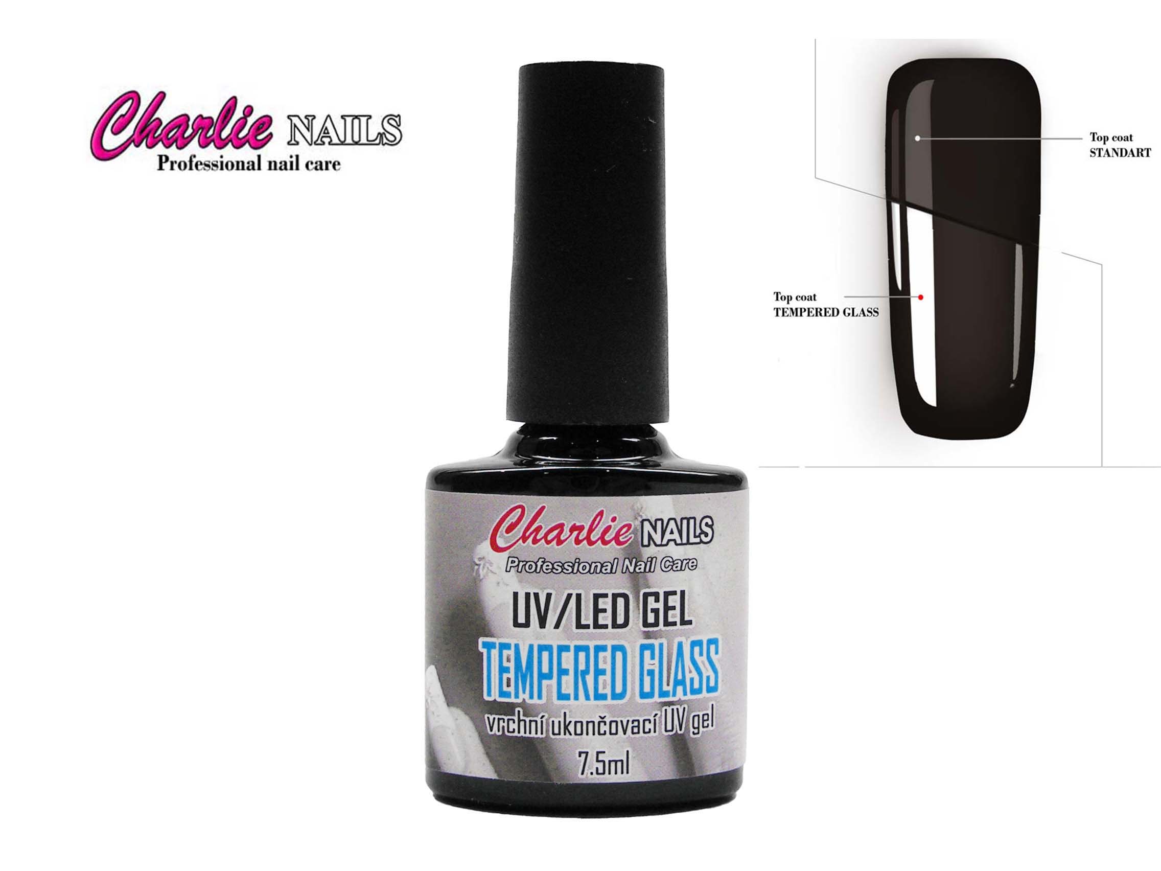 Charlie UV/LED Gel - Tempered GLASS Top průhledný vrchní lesk : 7,5ml