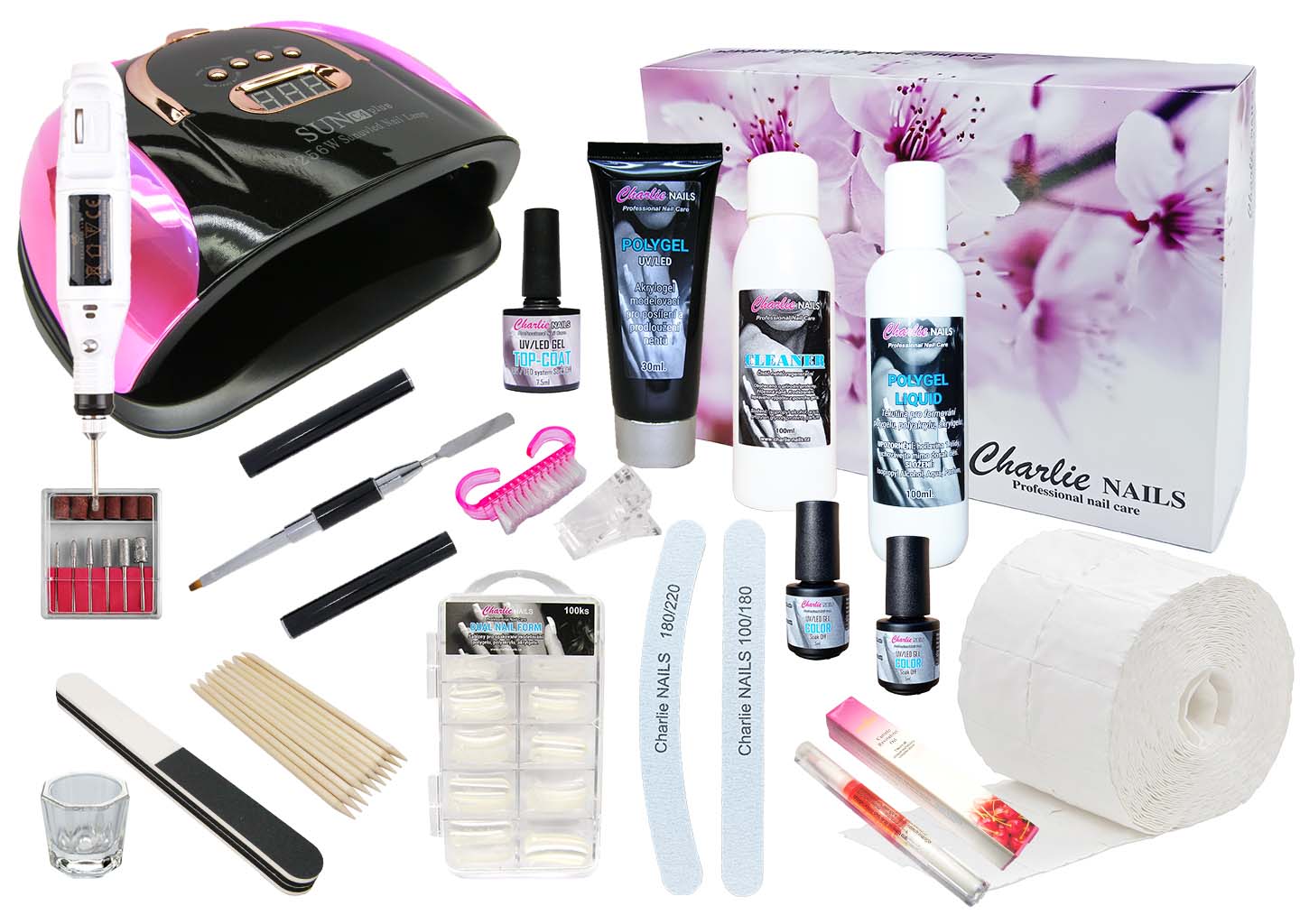 Startovací sada na Polygel nehty XXXL GL256W růžová s bruskou 10W