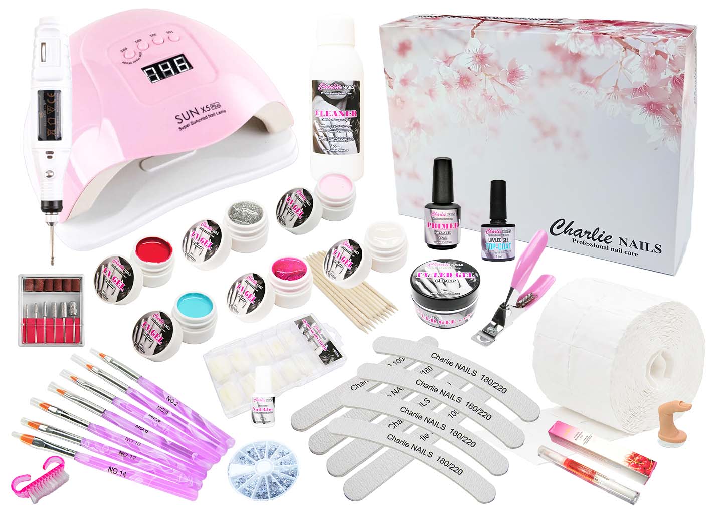 Startovací sada na gelové nehty XXXL 120W růžová s bruskou 10W