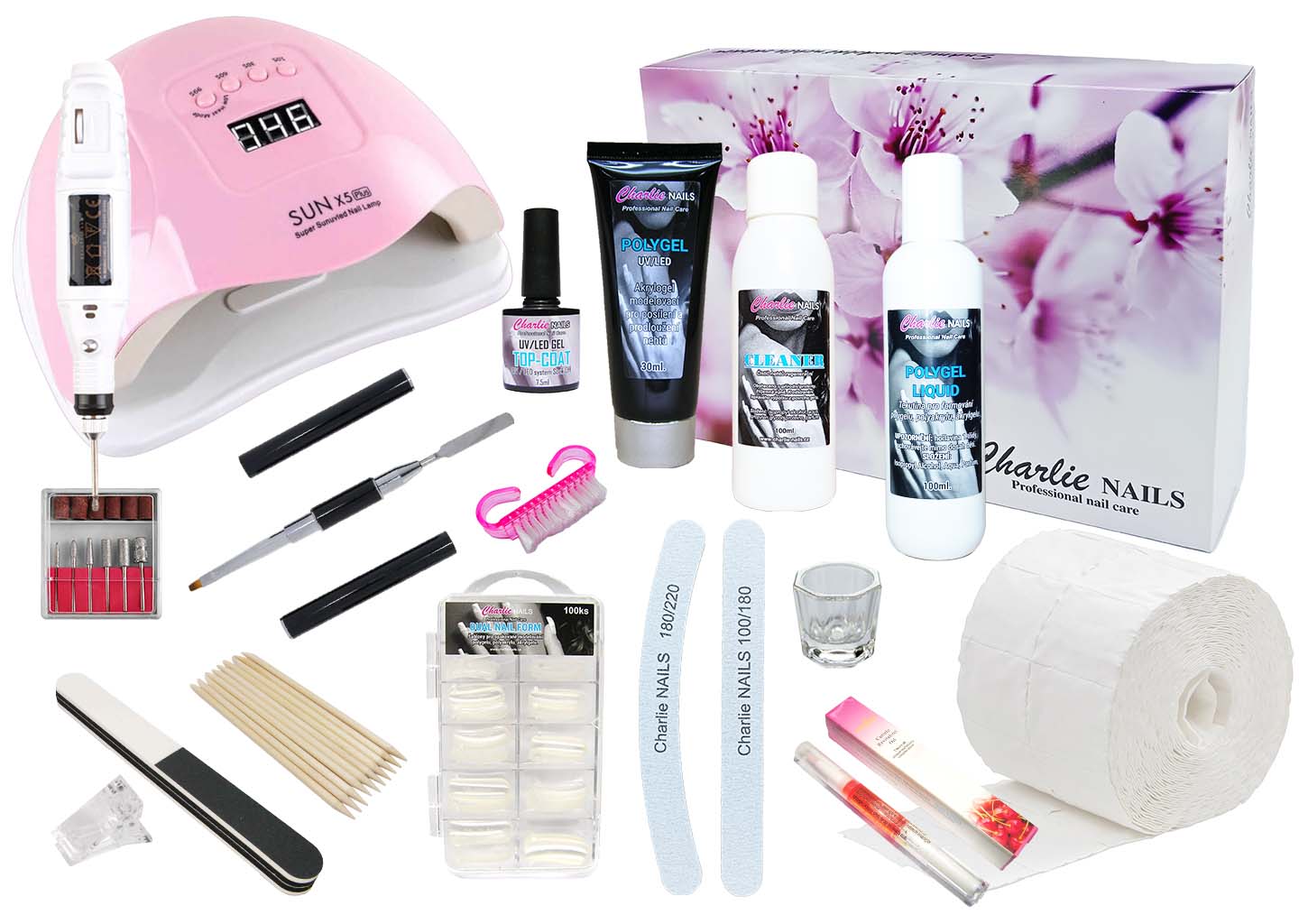 Startovací sada na Polygel nehty XXXL 120W růžová s bruskou 10W