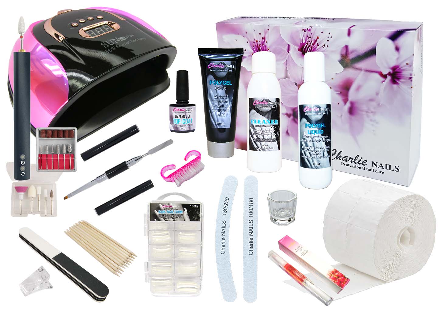 Startovací sada na Polygel nehty XXXL 256W růžová s bruskou