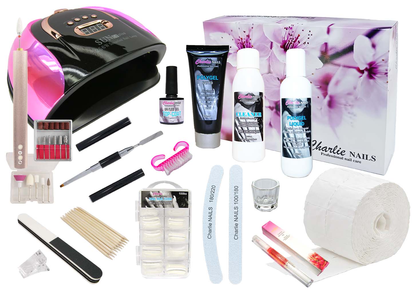 Startovací sada na Polygel nehty XXXL 256W růžová s bruskou