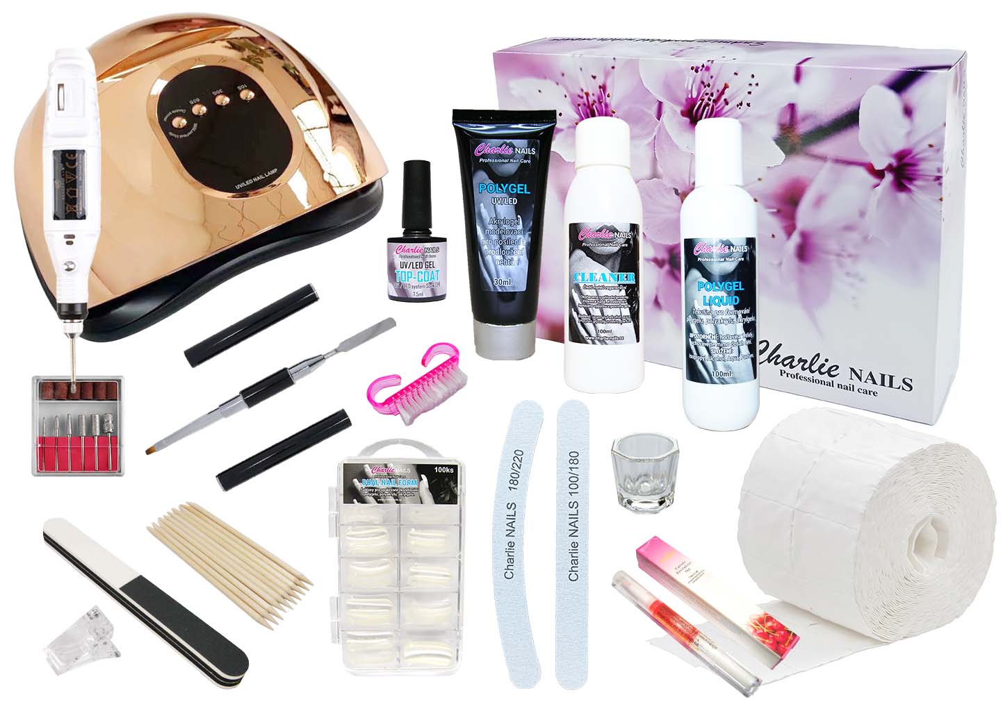 Startovací sada na Polygel nehty XXXL 150W zlatá s bruskou 10W